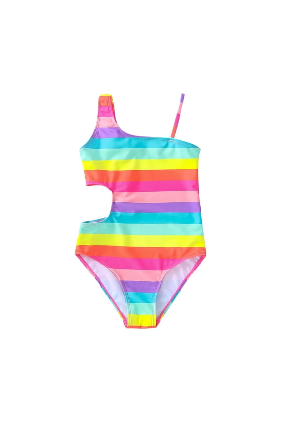 Girls' Rainbow Stripe Swimsuit Cute Waist Slimming Bathing Suit For Kids Beach Swimwear Sizes 100