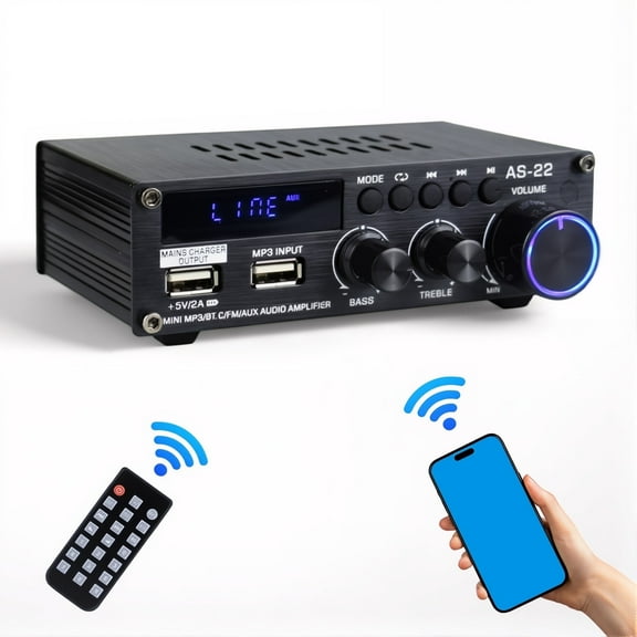 HQinX AS-22 Bluetooth Amplifier: 2 Channel Stereo Receiver, RMS 50W2/Max 300W2, RCA/USB/FM/AUX for TVs/Home/Car Speakers & Computer Audio