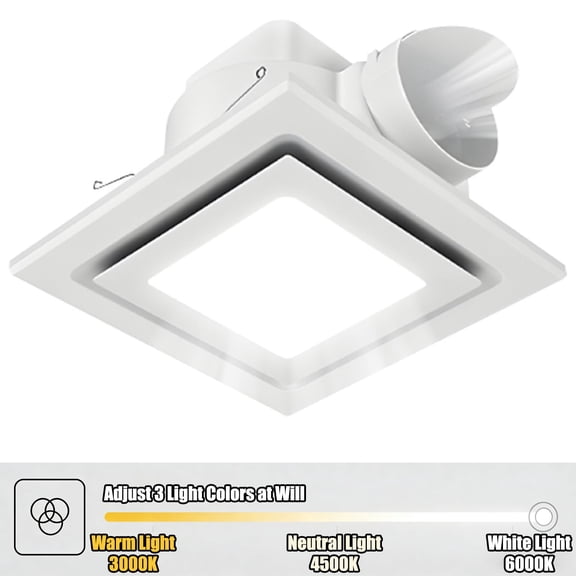HQinX Bathroom Exhaust Fan with 6000K Light, Ceiling Mount, 100 CFM w/ 4" Duct, 2.0 Sones Quiet Square Bath Fan Light Combo