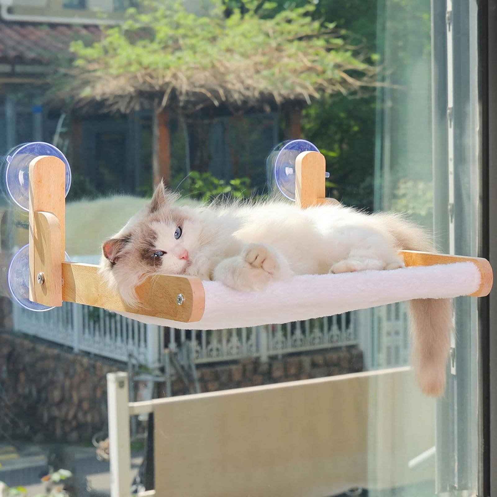 HQinX Cat Window Perch Wooden Frame Foldable Cat Hammock, Soft Faux Rabbit Fur Cover Washable, Strong Suction Cups No Drilling, Large Cat Bed