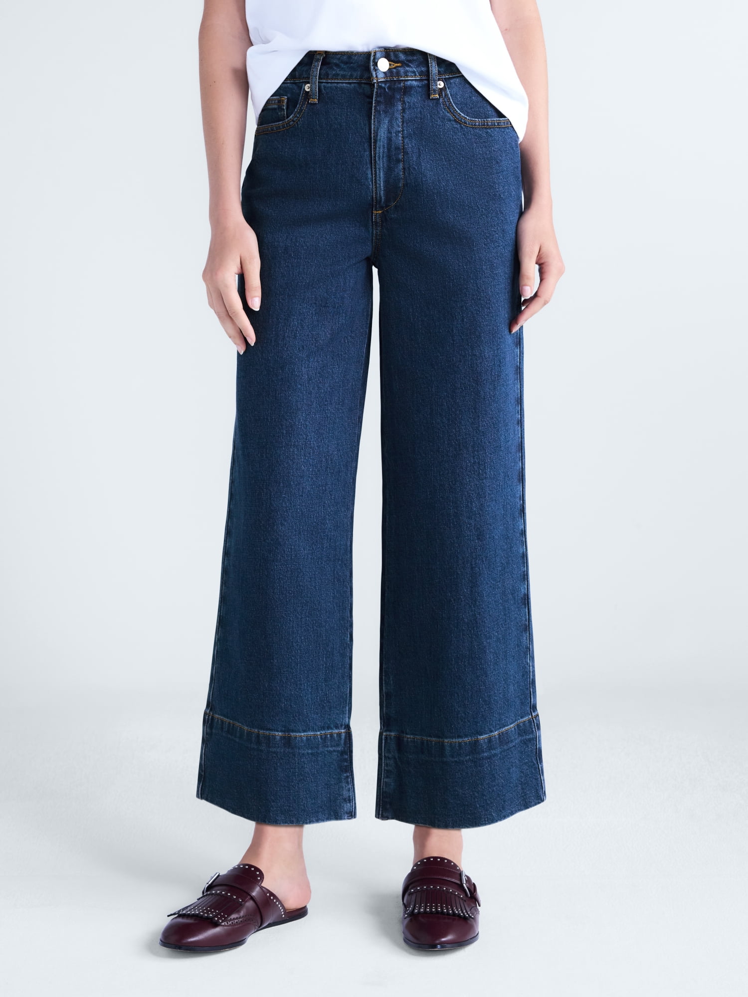 Free Assembly Women's High Rise Wide Leg Cuffed Ankle Jeans, 27” Inseam, Sizes 0-16
