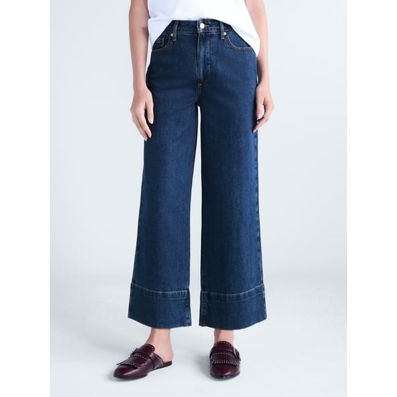 Free Assembly Women's High Rise Wide Leg Cuffed Ankle Jeans, 27” Inseam, Sizes 0-16