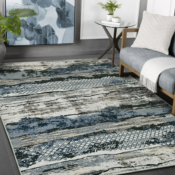 HR Abstract Area Rug - Non-Slip Rubber Backing, Polyester, Flat Texture, Gray and Multi-Color - Add Modern Elegance to Your Space with a Stunning Printed Design