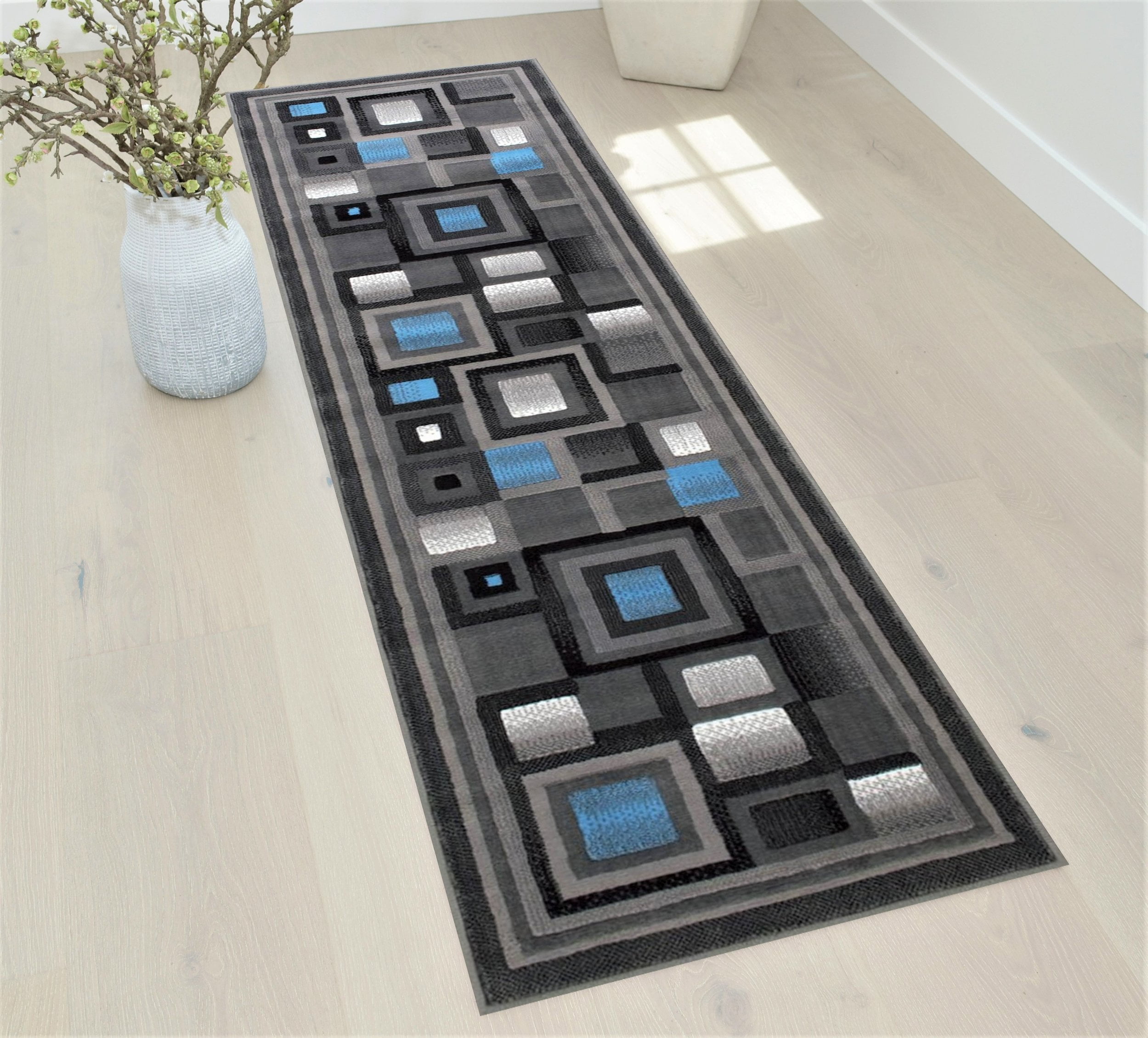 HR Abstract Blue/Silver/Gray Geometric Modern Squares Pattern Area Rug ...