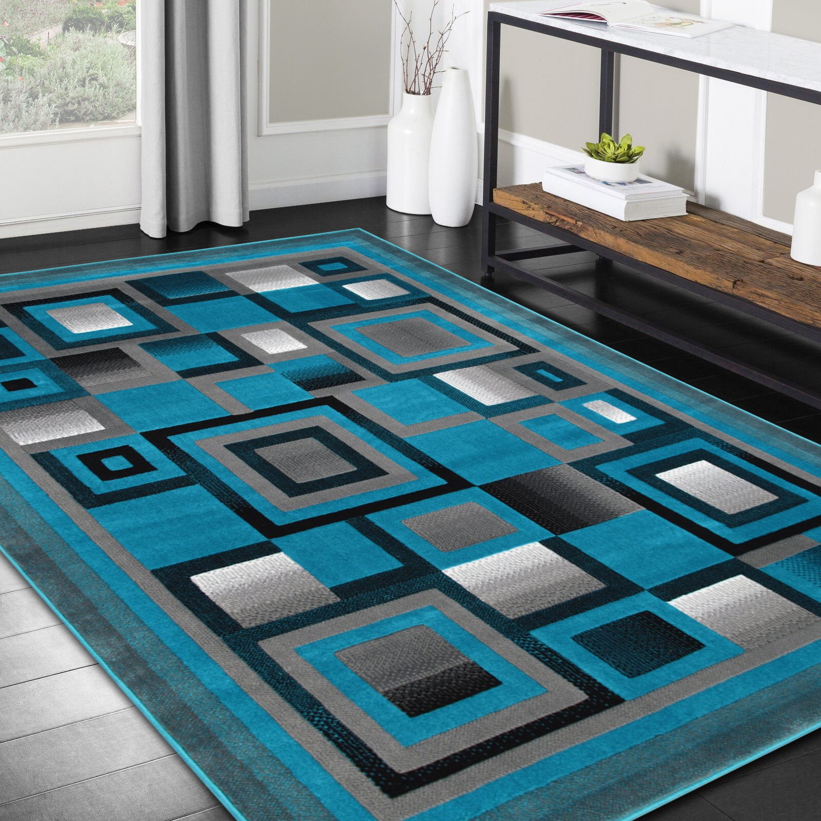 HR Abstract Blue/Silver/Gray Geometric Modern Squares Pattern Runner Area Rug 7.8 by 10.2 feet, Turquoise HR Abstract Blue/Silver/Gray Geometric Modern Squares Pattern Runner Area Rug 7.8 by 10.2 feet, Turquoise