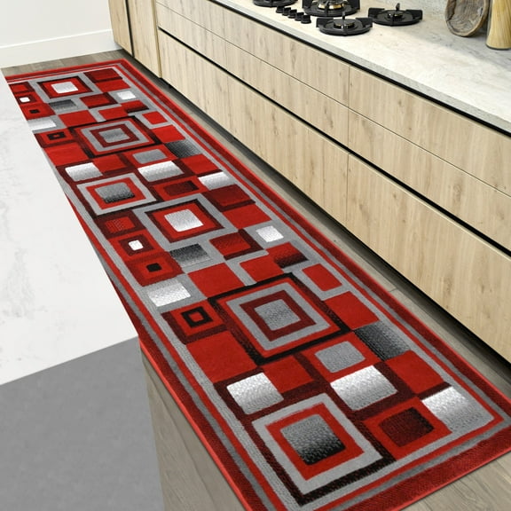HR Abstract Red/Silver/Gray Geometric Modern Squares Pattern Runner Area Rug 1.97 by 7.2 feet, Light Red