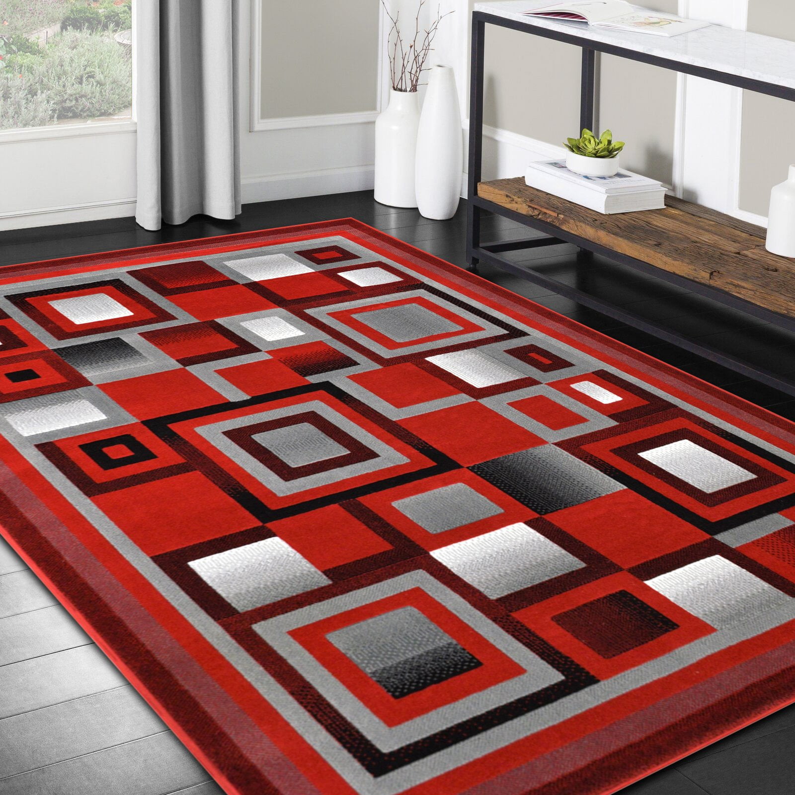 Small Red Rug Square HR Abstract Red/Silver/Gray Geometric Modern Squares Pattern Runner ...