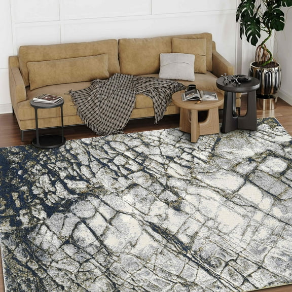 HR Abstract Rugs Boho abrash Rugs Marble Theme Gold Mocha Gray Navy Blue Bone and Multi Color Luxury Livingroom Carpet Thick Pile and Ultra Soft Non-Shedding Rug