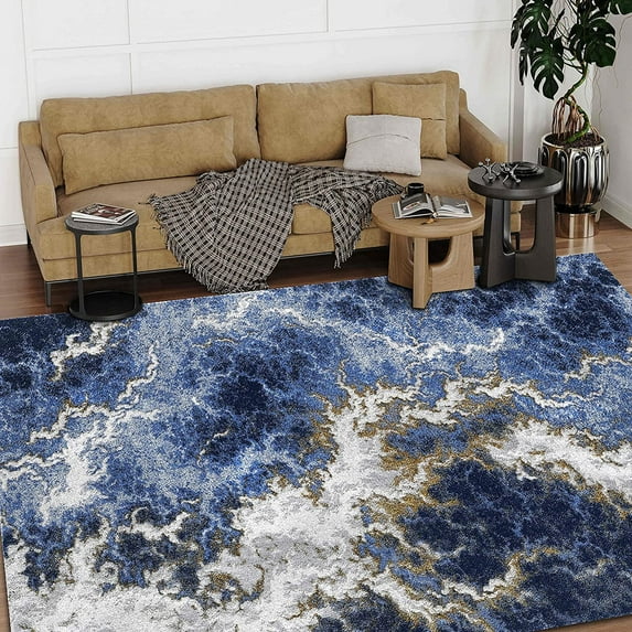 HR Abstract Rugs Boho abrash Rugs Thunder Theme Navy Blue Gold and Multi Color Luxury Livingroom Carpet Thick Pile and Ultra Soft Non-Shedding Rug