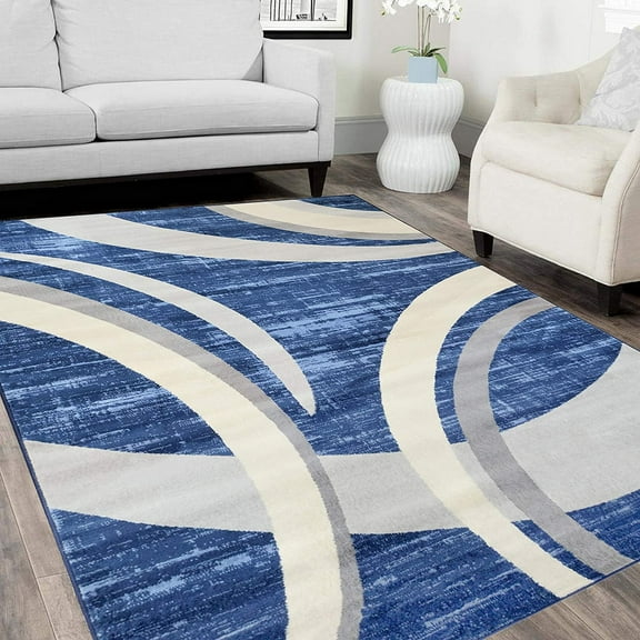 HR Abstract Rugs Luxury Livingroom Carpet Modern Contemporary 5x7 Blue Rug Ultra-sof Blue/Silver/Gray/White 5' x 7'