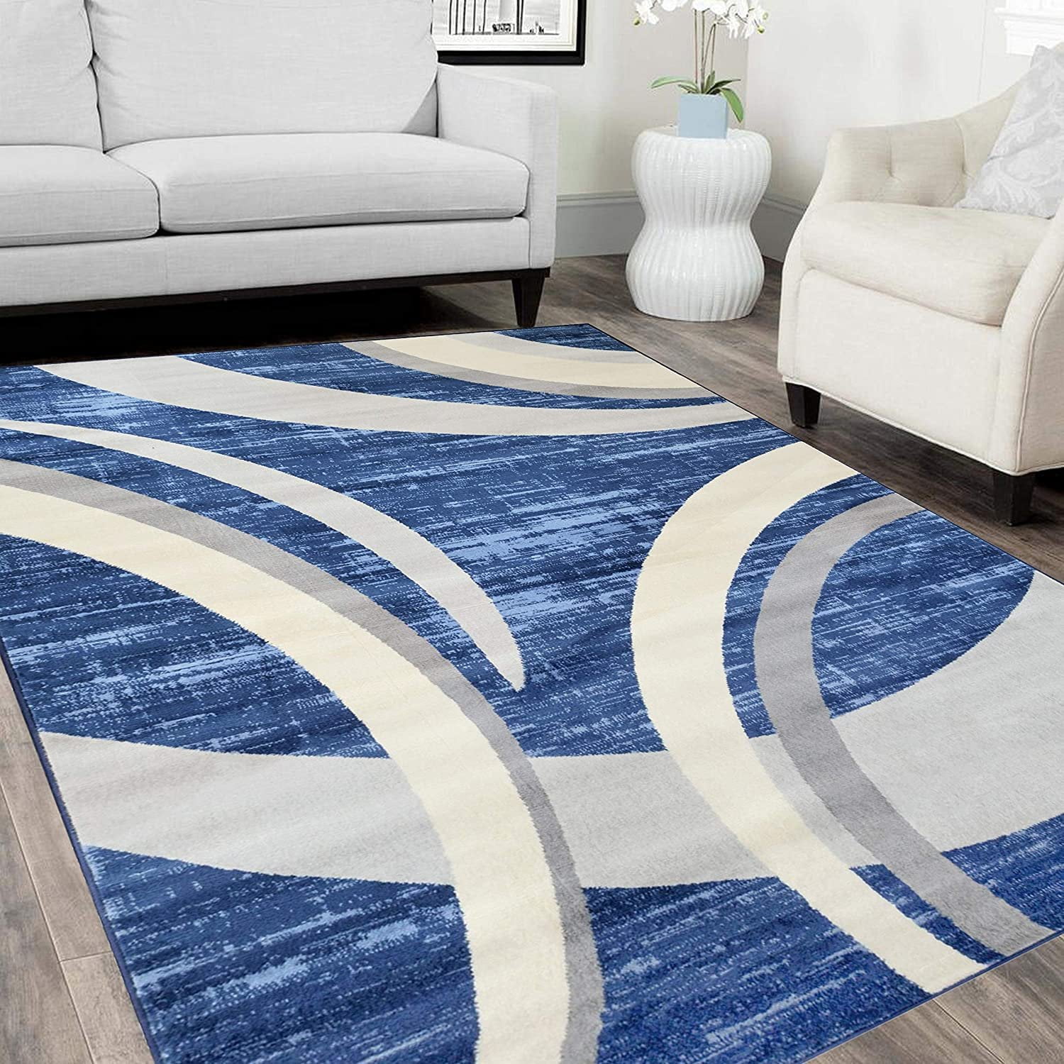 HR Abstract Rugs Luxury Livingroom Carpet Modern Contemporary 8x10 Blue Rug Ultra-Soft Shed Free Stain Resistant Swirls Blue/Silver/Gray/White 7'74" x 10'