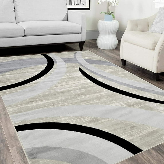 HR Abstract Rugs Luxury Livingroom Carpet Modern Contemporary 8x10 Grey Rug Ultra-Soft, Shed Free Stain Resistant Swirls Black Silver/Gray/White 7'74" x 10'