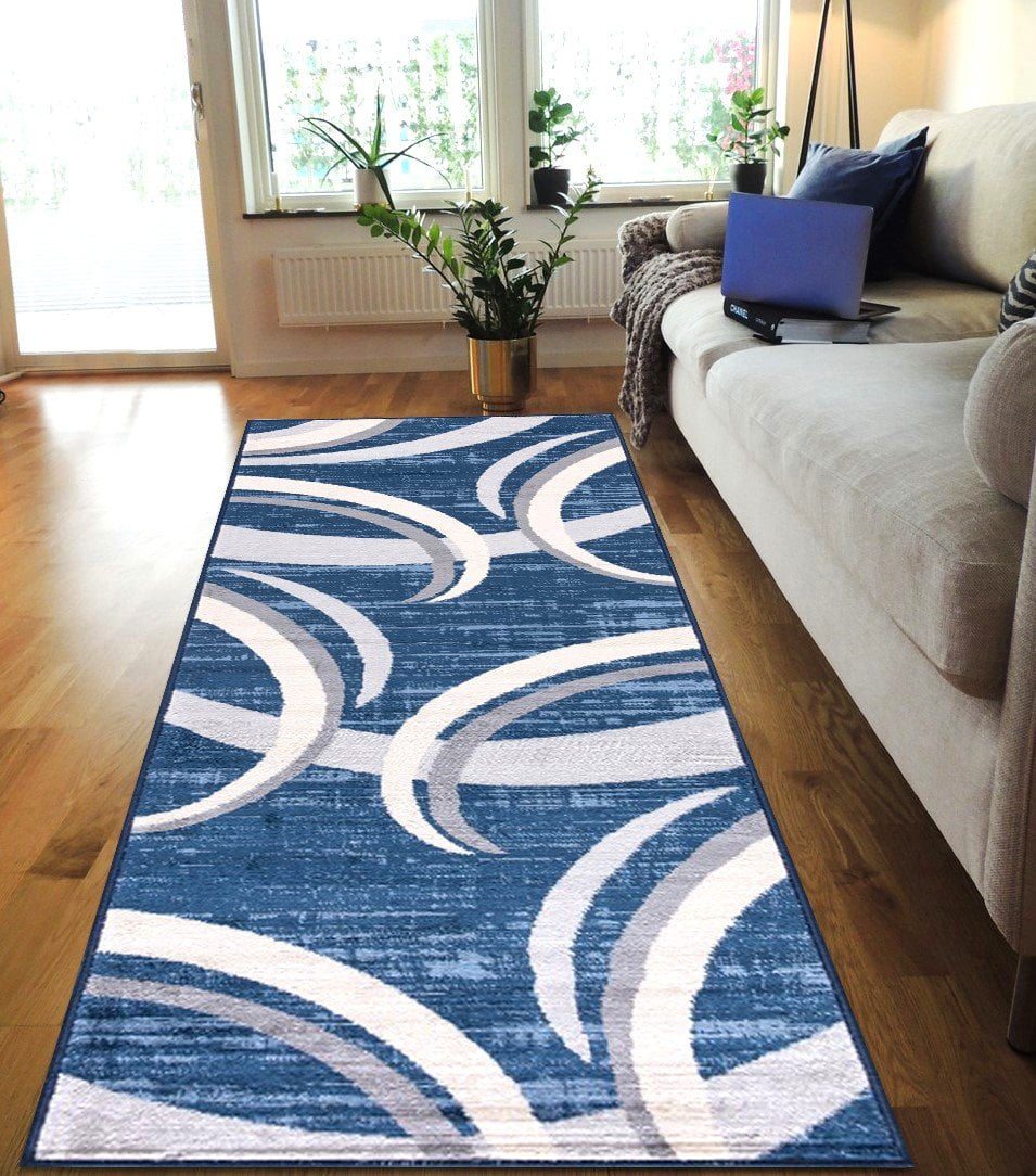 HR Abstract Rugs Luxury Livingroom Carpet Modern Contemporary Blue Runner Rug Ultra-Soft, Shed Free Stain Resistant Swirls Blue/Silver/Gray/White 1'97" x 6'96"