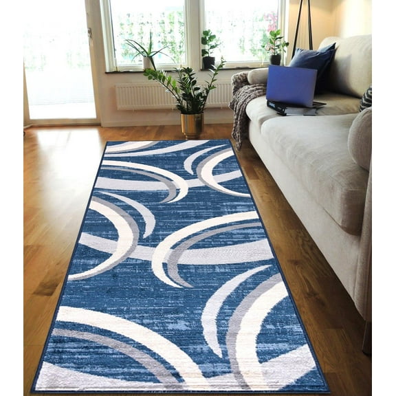 HR Abstract Rugs Luxury Livingroom Carpet Modern Contemporary Blue Runner Rug Ultra-Soft, Shed Free Stain Resistant Swirls Blue/Silver/Gray/White 1'97" x 6'96"