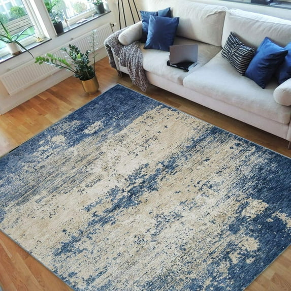 HR-Abstract Rugs/Luxury Livingroom/Fashion Home Modern Area Rugs-Stone Washed|Distress Blue|Multi (5' x 7')