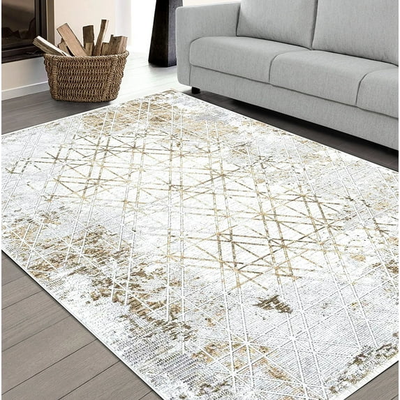 HR Area Rug Marble Rug Gold Floor Mat Thin, Soft Rug Abstract Carpet Foldable Accent Rug Dining Room Living Room Random Scratch line Pattern Rugs for Modern Decor, 5x 7 Gold, Mocha, Bone