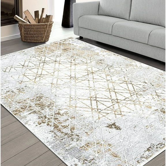 HR Area Rug Marble Rug Gold Floor Mat Thin, Soft Rug Abstract Carpet Foldable Accent Rug Dining Room Living Room Random Scratch line Pattern Rugs for Modern Decor, 94" x 13 Gold, Mocha, Bone
