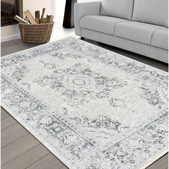 HR Area Rug Traditional Rug Fossil Vintage Floor Mat Thin and Soft Rug Floral Print Carpet Foldable Accent Rug Dining Room Living Room Faded Rug Bohemian, 7'9" x 9'10", Gray, Bone, Silver