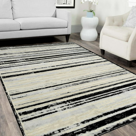 HR Black & Silver Rugs Stripped Pattern Area Rug 5x7 Contemporary Carpet Gray Ultra-Soft Luxury Living Room Area Rug
