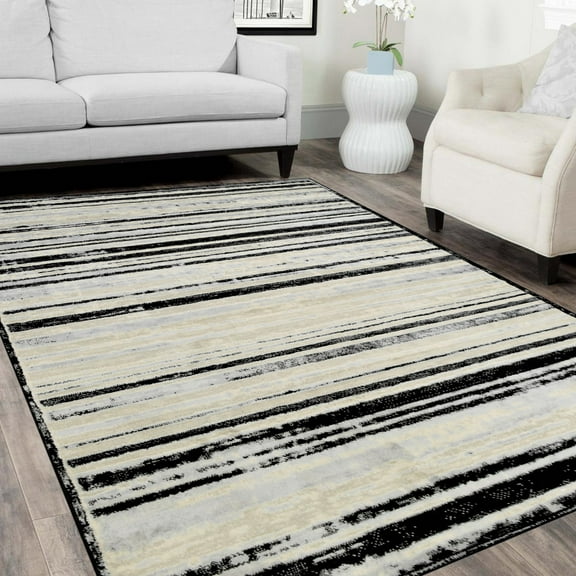 HR Black & Silver Rugs Stripped Pattern Area Rug 8x10 Contemporary Carpet Gray Ultra-Soft Luxury Living Room Area Rugs