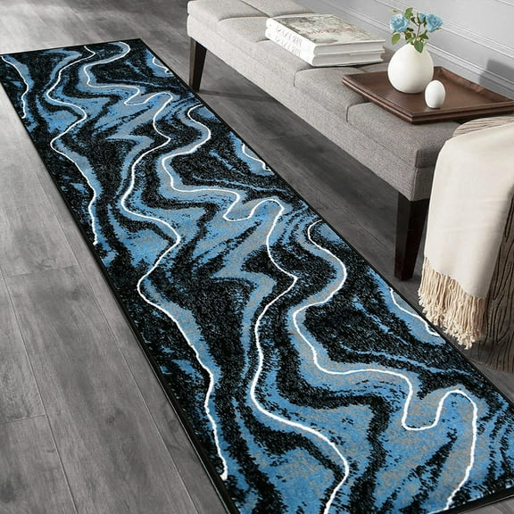 HR Blue Grey Black Modern Contemporary Abstract Area Rugs Marble Pattern, 2' x 7' Runner