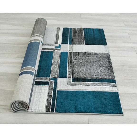 HR Boxes / Cubism / Squares Modern Contemporary abstract Hand Carved Area Rug Turquoise - 7'5" x 10'
