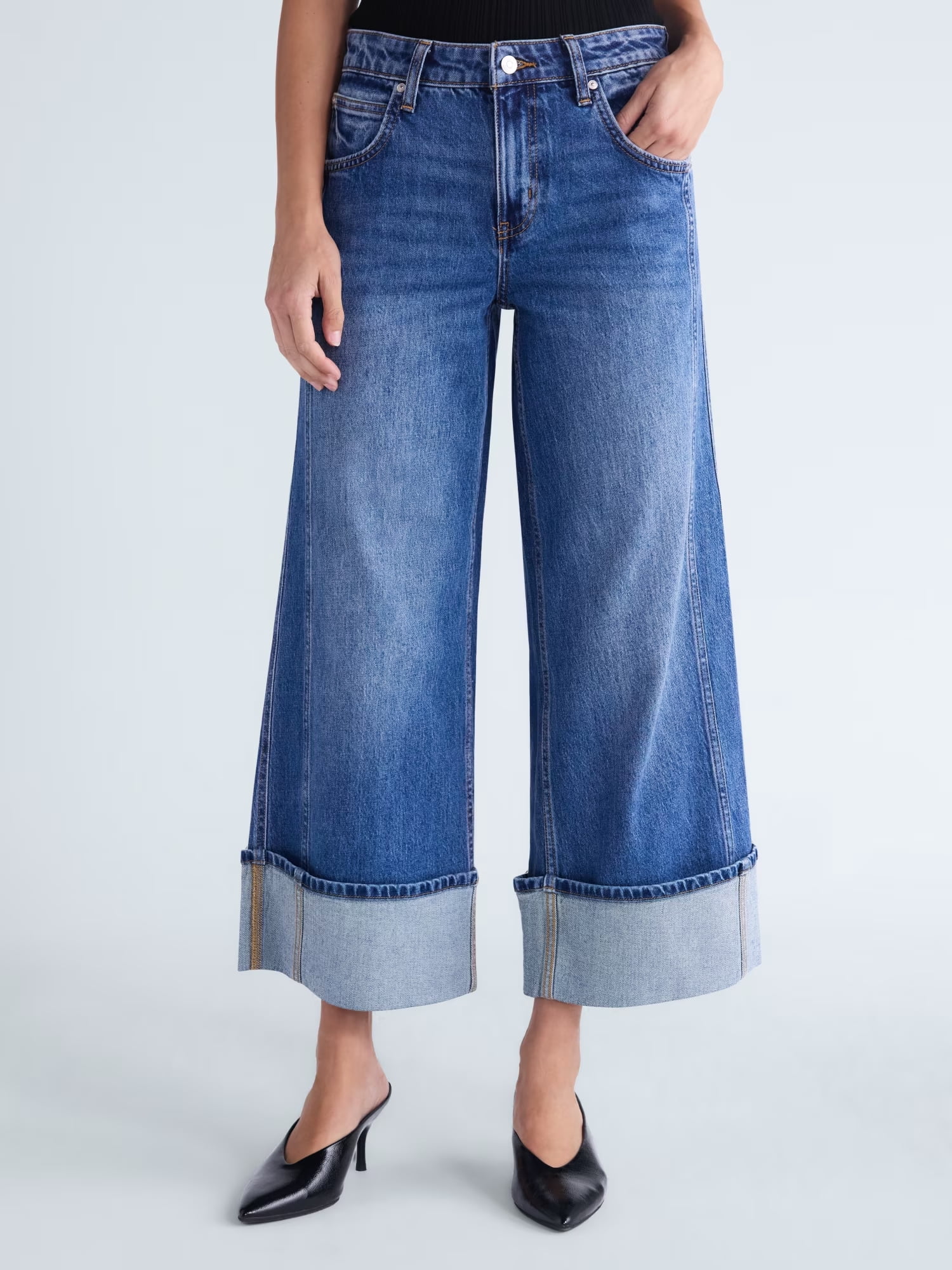 Scoop Women's and Women's Plus Mid Rise Cuffed Wide Leg Jeans, Sizes 0-28W