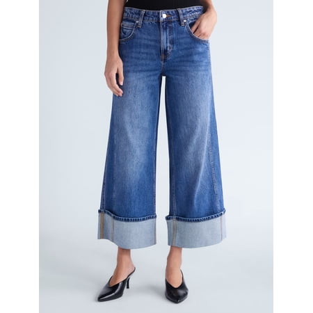 Scoop Women's and Women's Plus Mid Rise Cuffed Wide Leg Jeans, Sizes 0-28W