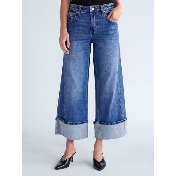 Scoop Women's and Women's Plus Mid Rise Cuffed Wide Leg Jeans, Sizes 0-28W