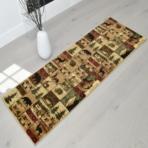 HR-Cabin Collection 907-Rustic Rugs2.1 by 7.1Contemporary Geometric Design Mother Bear and Cub/Fish/Lodge/Deer-Southwestern Design-Beige/Red/Green and Multi