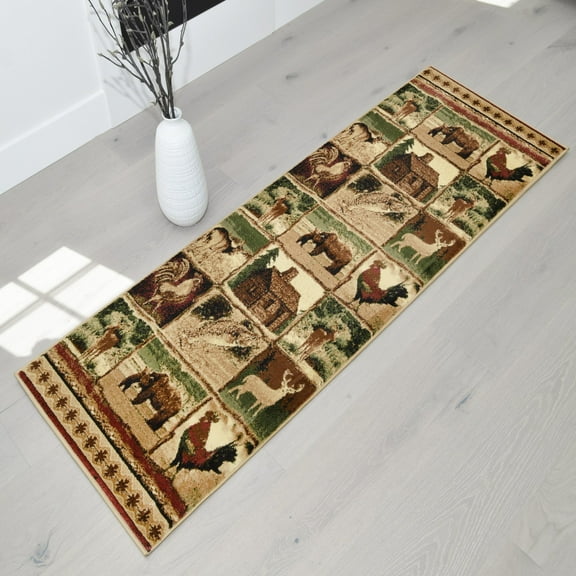 HR-Cabin Collection 908-Rooster Rugs2.1 by 7.1Contemporary Geometric Design Rooster/Mother Bear and Cub/Fish/Lodge/Deer-Southwestern Design-Beige/Red/Green and Multi