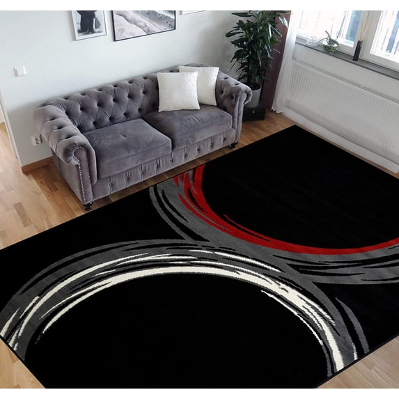 HR Circle Pattern Area Rug 5x7 Geometric Contemporary Modern red Black & Grey Carpet Comfy shed Free Stain Resistant