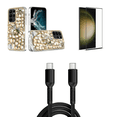 thumbnail image 1 of HR Diamond Bling Case for Galaxy S23+ Plus Bundle with Glass Screen Protector, 30W USB-C to USB-C Charging Sync USB Cable - 6 Foot - Gold Silver Swan Crown Pearl, 1 of 5