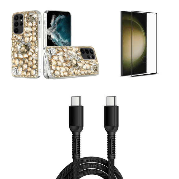 HR Diamond Bling Case for Galaxy S23+ Plus Bundle with Glass Screen Protector, 30W USB-C to USB-C Charging Sync USB Cable - 6 Foot - Gold Silver Swan Crown Pearl