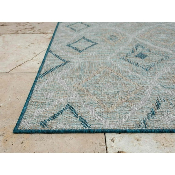 HR Diamond & Moroccan Pattern Outdoor Rug Waterproof, Mold/Stain/Fade-Resistant  Blue/Sand Color