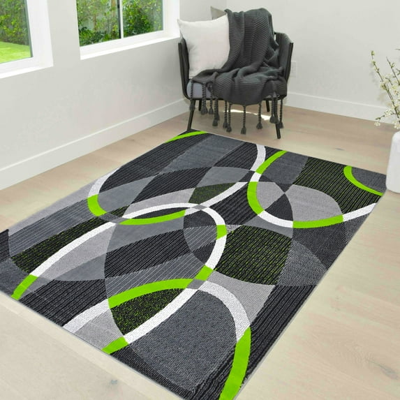 HR-Electric Green e/Gray/Silve/Black/Abstract Area Rug Modern Contemporary Oval/Circle Design Pattern 1'96" x 6'96"