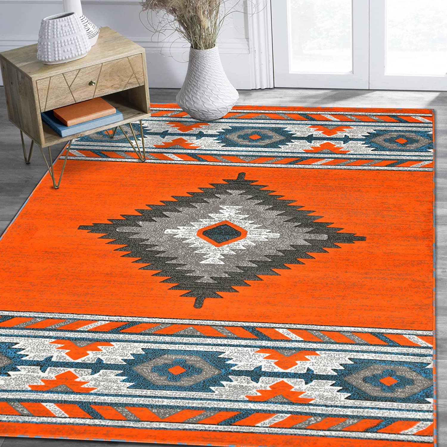 HR Electric Orange Grey Blue Southwestern Rugs for Cabin Tribal