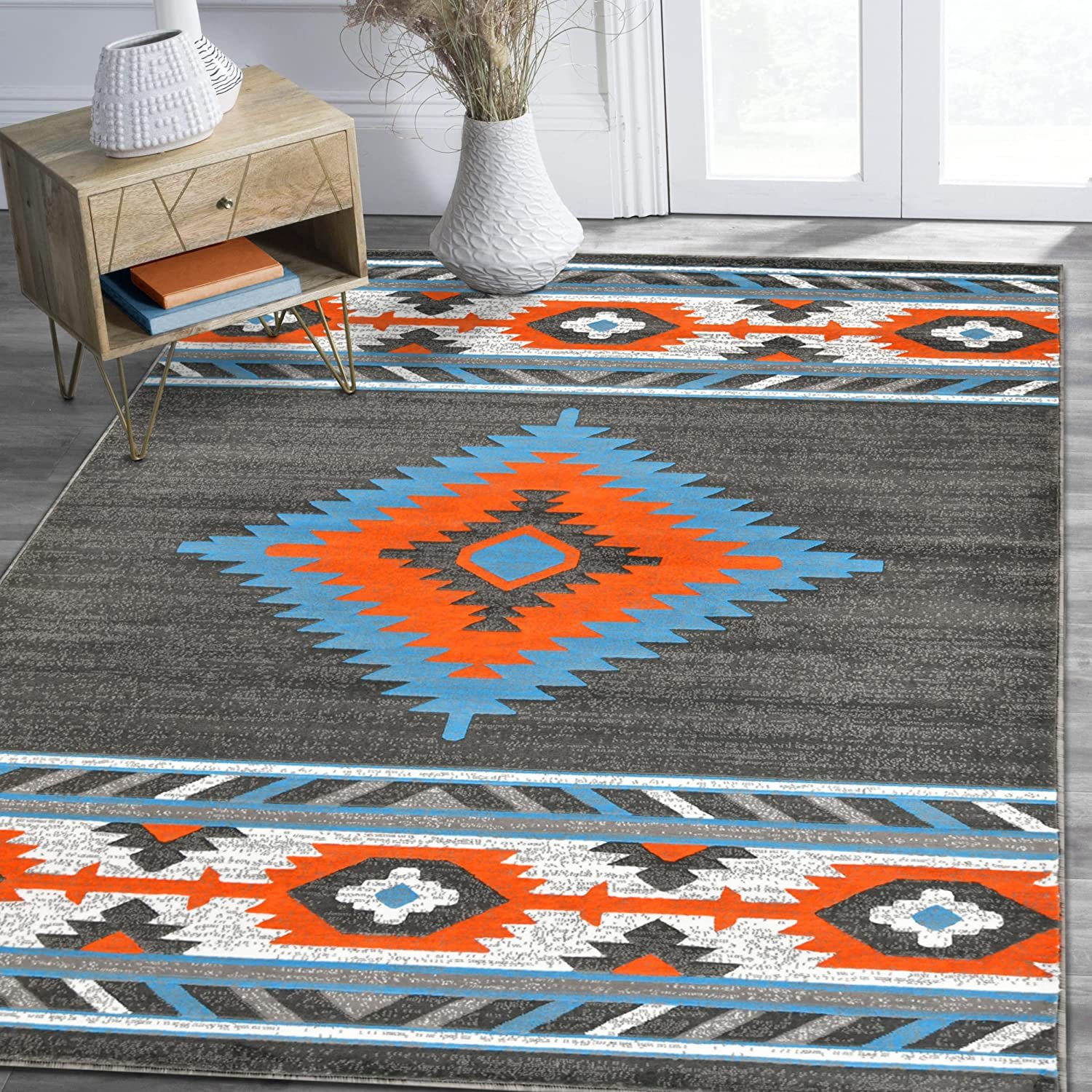 HR Electric Orange Grey Multi Southwestern Rugs for Cabin Tribal