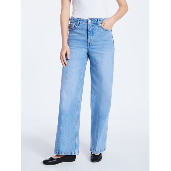 Free Assembly Women's High Rise Relaxed Wide Leg Jeans with Front Crease, Sizes 0-20