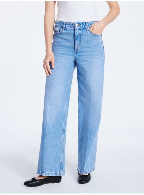 Women's High Rise Relaxed Wide Leg Jeans with Front Crease, Sizes 0-20