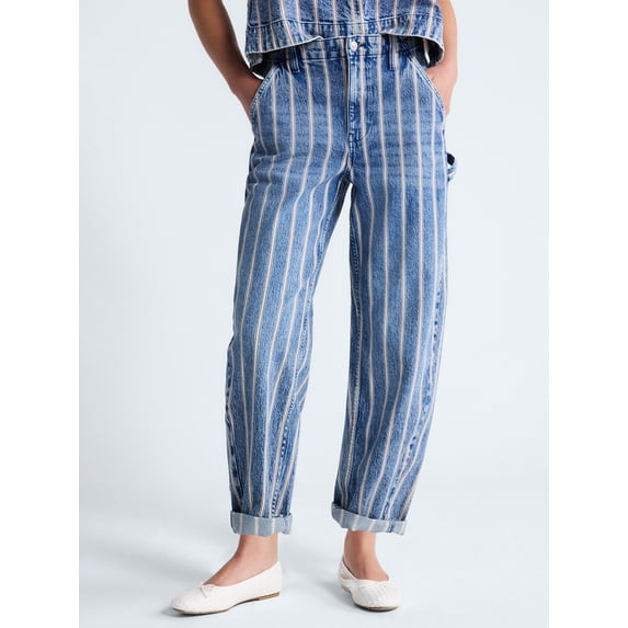 Free Assembly Women's Striped High Rise Cropped Barrel Jeans, 26" Inseam, Sizes 0-16