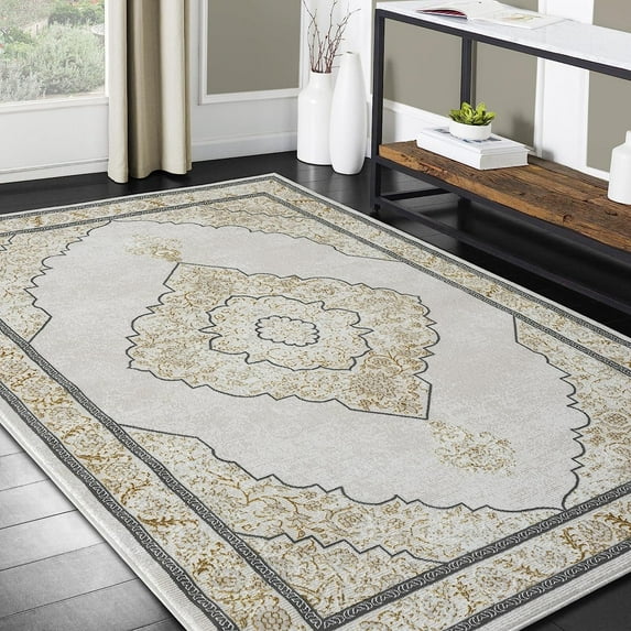 HR Gold Ivory Gray Multi Traditional Rug with Simple Faded Design Polyester - Enhance Your Space with Classic Charm