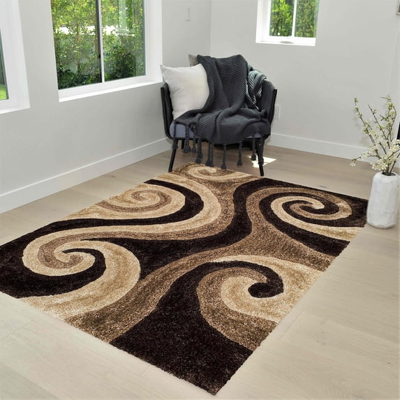 HR HANDCRAFT RUGS, Brown shag Rug 5X7 for Living Room Decor 2021 Rug Trends Bright Modern Swirls Pattern, 3-D Hand Curved Shaggy Rug Chocolate Coco/Chocolate/Brown