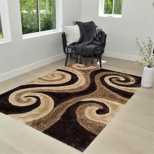 HR HANDCRAFT RUGS, Brown shag Rug 8x10 for Living Room Decor 2021 Rug Trends Bright Modern Swirls Pattern, 3-D Hand Curved Shaggy Rug Coco/Chocolate/Brown