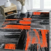 HR HANDCRAFT RUGS Electric Orange, Grey, Silver, Black, Abstract Contemporary Design Brush Pattern Rug 5' x 7'