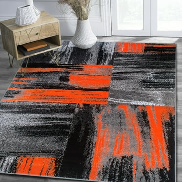 HR HANDCRAFT RUGS Electric Orange, Grey, Silver, Black, Abstract Contemporary Design Brush Pattern Rug 5' x 7'
