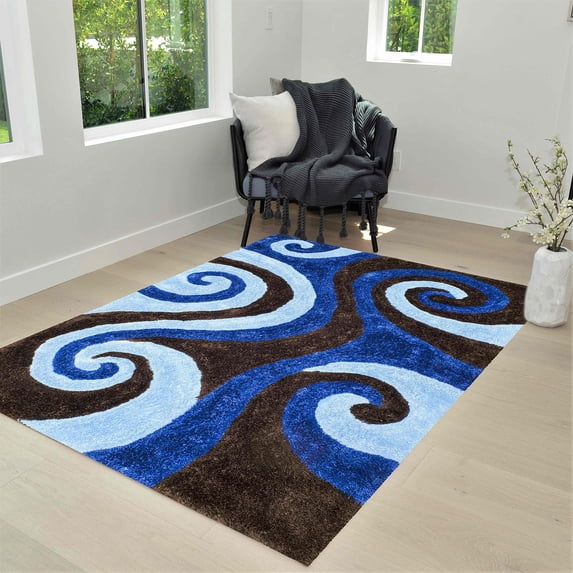HR HANDCRAFT RUGS, Electric shag Rug 8x10 for Living Room Decor 2021 Rug Trends Bright Modern Swirls Pattern, 3-D Hand Curved Shaggy Rug Electric Blue/Gray/Silver