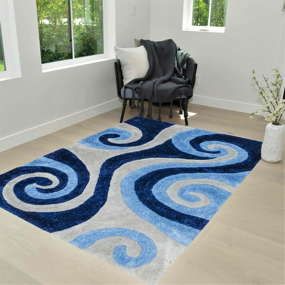 HR HANDCRAFT RUGS, Gray shag Rug 5X7 for Living Room Decor 2021 Rug Trends Bright Modern Swirls Pattern, 3-D Hand Curved Shaggy Rug Black/Gray/Silver