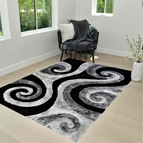 HR HANDCRAFT RUGS, Gray shag Rug 8x10 for Living Room Decor 2021 Rug Trends Bright Modern Swirls Pattern, 3-D Hand Curved Shaggy Black/Gray/Silver
