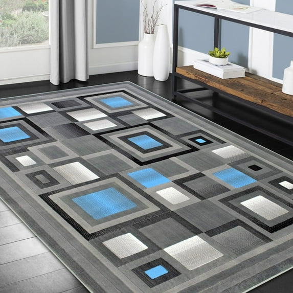 HR HANDCRAFT RUGS HR Blue, Gray and Multi Abstract Geometric Modern Squares Pattern Area Rug 2' x 7'